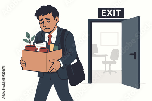 Sad Businessman Leaving Office with Belongings in Box After Layoff or Resignation, Job Loss Concept, Corporate Downsizing Illustration, Career Transition Vector Graphic