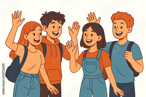 Cheerful Diverse Teenage Friends Waving and Greeting with Backpacks, Casual Youth Social Interaction, High School Students Meeting, Colorful Vector Illustration of Friendly Adolescents