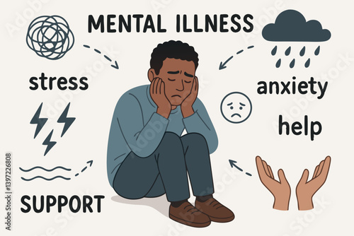 Mental Health Awareness Vector Illustration with Person Experiencing Anxiety and Stress, Emotional Support Concept with Symbolic Elements, Psychology Infographic for Healthcare and Wellness Education