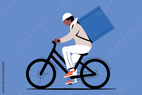 Modern Flat Illustration of a Bicycle Courier Delivering Food with a Large Backpack