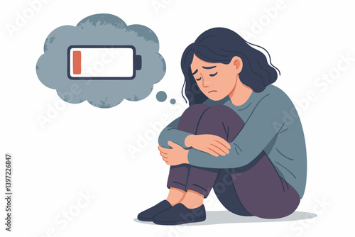 Exhausted Woman Feeling Emotionally Drained with Low Battery Thought Bubble Vector Illustration, Mental Health Awareness Concept, Burnout Syndrome, Depression Visualization, Fatigue Metaphor