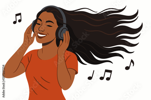 Joyful Woman Listening to Music with Headphones, Flowing Hair, Vibrant Vector Illustration, African American Female Enjoying Audio Entertainment, Minimalist Contemporary Design for Music Apps