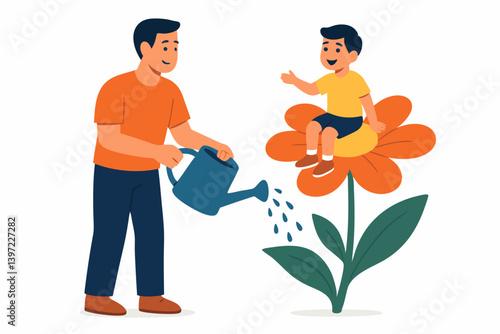 Nurturing Family Bonds Vector Illustration with Father Watering Flower where Child Sits, Metaphor for Parenting and Child Growth, Colorful Flat Design for Parenting Concepts and Family Care