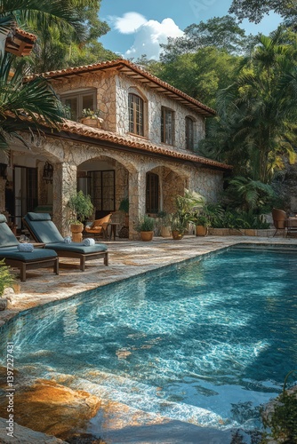 Wallpaper Mural Luxurious stone villa overlooks shimmering turquoise pool. Torontodigital.ca
