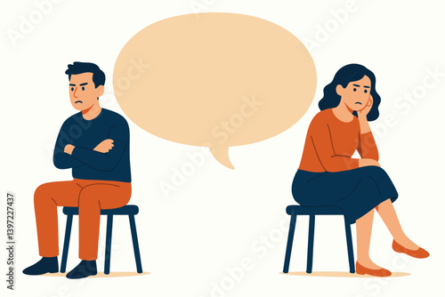 Relationship Conflict Vector Illustration: Couple in Disagreement, Man and Woman Sitting Apart with Tense Body Language and Speech Bubble, Relationship Counseling Concept