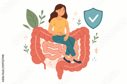 Woman Sitting on Large Intestine Illustration Representing Gut Health, Digestive Wellness, and Immune Support with Natural Elements and Protective Shield
