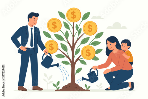 Family Financial Growth: Businessman and Mother with Child Nurturing Money Tree, Metaphor for Wealth Building and Investment Strategy in Business and Family Finance