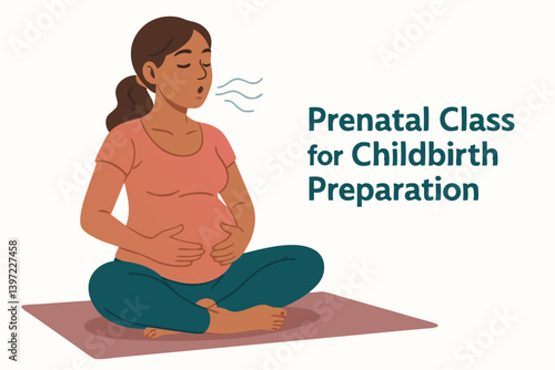 Expectant Mother Practicing Breathing Techniques for Labor Preparation Vector Illustration, Pregnant Woman in Meditation Pose, Prenatal Yoga and Relaxation Exercise for Childbirth Education
