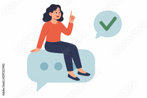 Confident Woman Gesturing Idea on Speech Bubble: Vector Illustration of Female Character Pointing Upward with Checkmark Symbol, Representing Communication and Positive Feedback