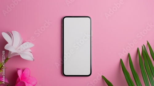 Smartphone mockup on pink background with exotic flowers. Cellphone tropical floral mobile phone template advertising image. Technology. Mock up branding product, marketing material