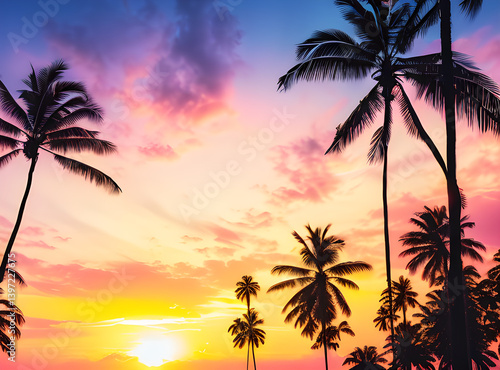 Timeless Tropical Escape: Coconut Palms Under a Sunlit Sky with,generative ai