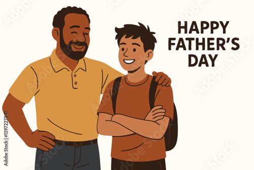 Happy Father's Day Celebration Vector Illustration with Smiling Dad and Son, Minimalist Family Bonding Moment in Warm Earth Tones, Parental Love and Support Greeting Card Design