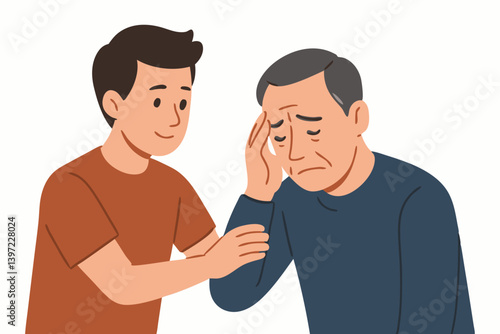 Empathetic Son Comforting Distressed Father Vector Illustration: Emotional Support, Family Bond, and Intergenerational Care in Simple Flat Design for Mental Health Awareness