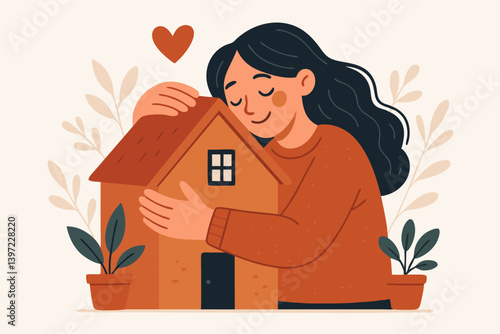 Cozy Home Embrace Vector Illustration with Woman Hugging House, Warm Terracotta Colors, Minimalist Design for Real Estate, Home Ownership, Mortgage Concept, Family Security, Decorative Plants