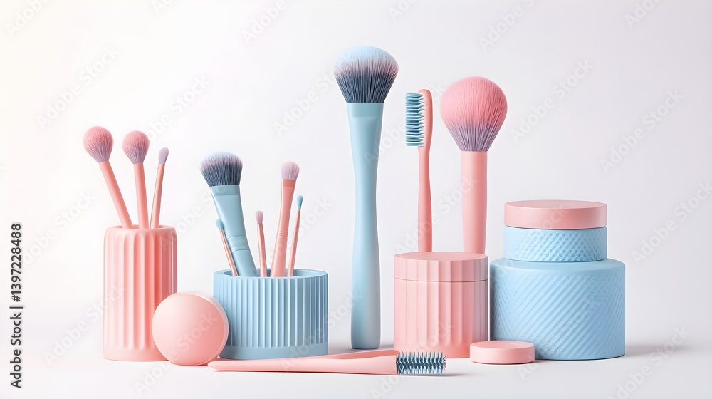 3D rendered icon set of beauty tools including makeup brushes, sponges, and tweezers, isolated on white background 3D rendered icon set of beauty tools including makeup brushes, sponges, and tweezers, isolated on white background