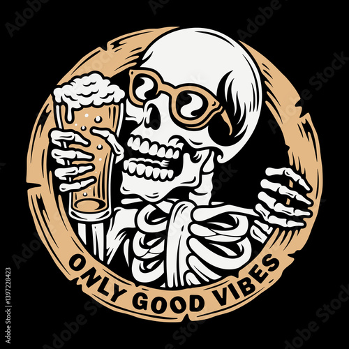 vector illustration skull drinking a glass of beer