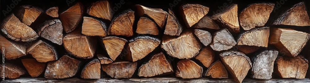 Chopped Firewood Stack in Warm Sunlight with Textured Details Chopped Firewood Stack in Warm Sunlight with Textured Details