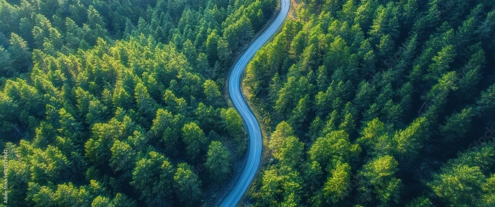 Aerial view of highway winding through lush green forest at morning light Aerial view of highway winding through lush green forest at morning light