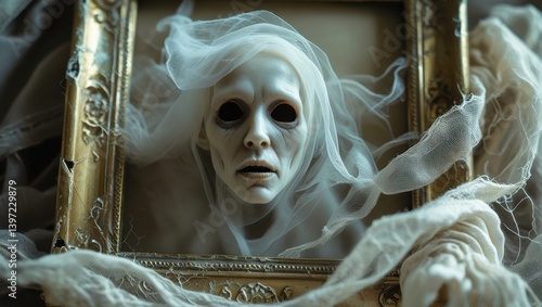 Eerie Ghostly Figure in Antique Frame Veiled in White Fabric Halloween Spooky Scene