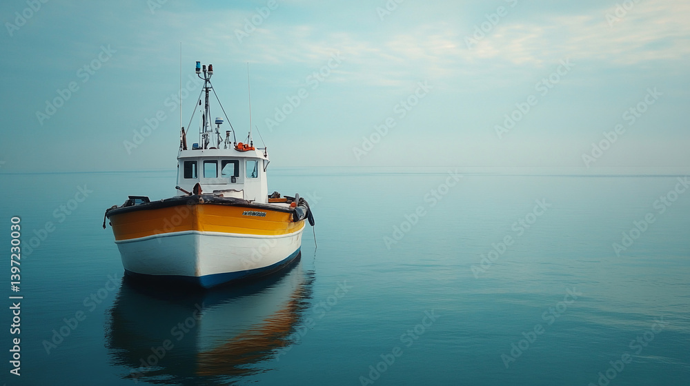 Yellow and White Fishing Boat Moored on Calm Ocean Waters Yellow and White Fishing Boat Moored on Calm Ocean Waters