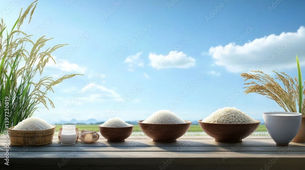 Obraz premium White Rice Varieties Displayed in Bowls with Natural Landscape and Blue Sky Background