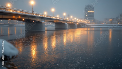 Snowy Winter Cityscape A Bridge with Lights Reflecting On a Dark Frozen Water Surface and Buildings in the Distance Under an Evening Sky