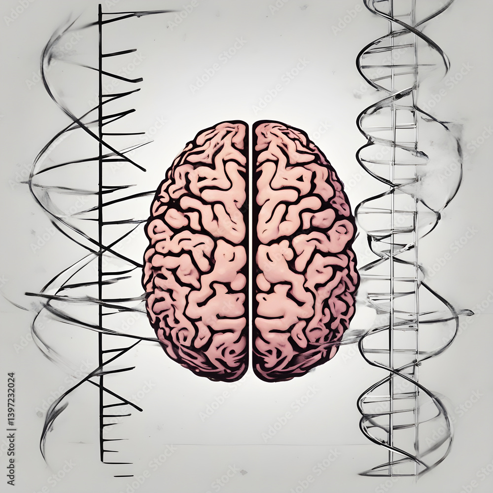 Fototapeta premium A 3D illustration of a human brain with a DNA helix integrated into its structure.