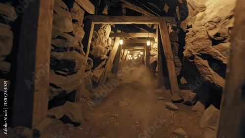 Dusty Underground Mine Tunnel with Wooden Supports and Dim Lighting

