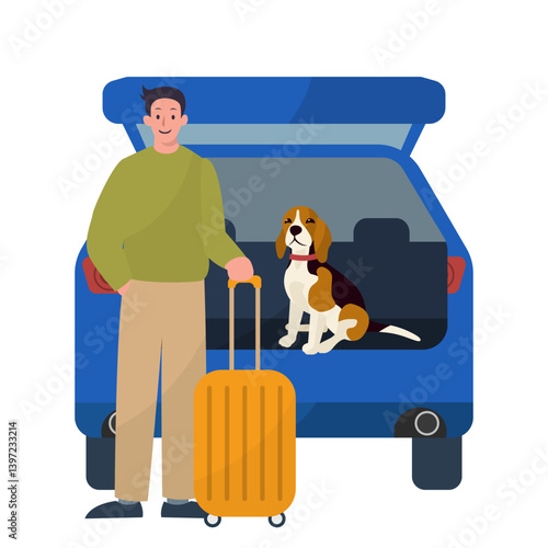road trip with dog, man and his dog at the back of the opened suv car