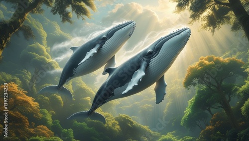 Two Humpback Whales Soaring Through a Lush Sunlit Rainforest Canopy