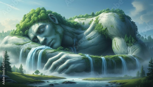 Fototapeta Naklejka Na Ścianę i Meble -  Gigantic Stone Giant Sleeping in Lush Nature Waterfalls Cascading from Body Fantasy Landscape