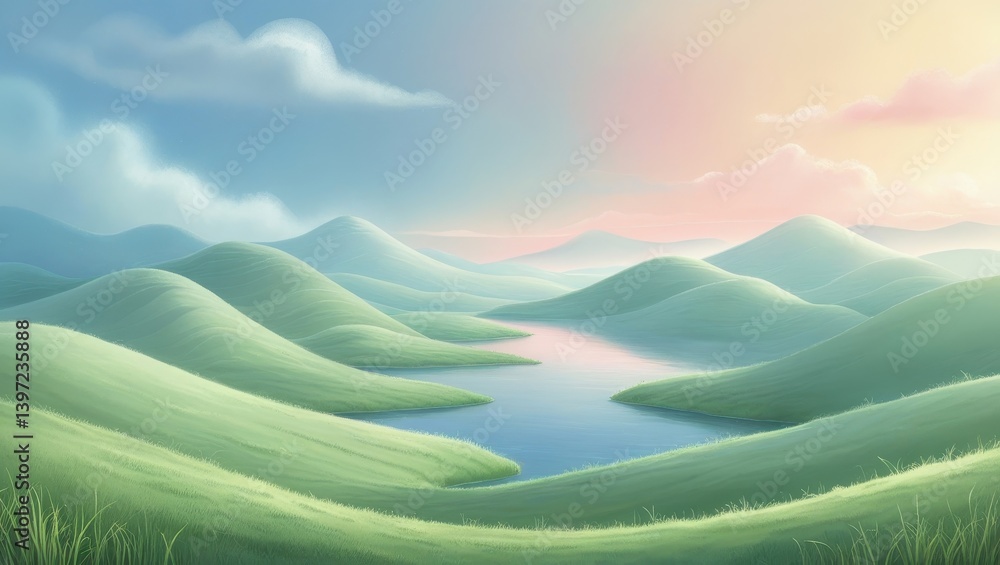 Obraz premium Serene Landscape Rolling Green Hills Calm Lake Pastel Sky at Dawn