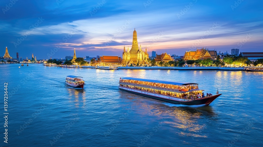 Fototapeta premium Scenic View of River Boats on Chao Phraya River at Dusk with Temple Silhouettes in Background