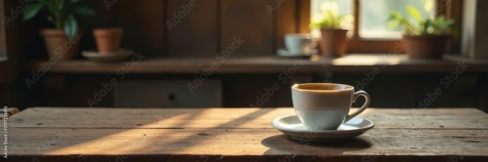 Warm espresso coffee cup sitting alone on a worn wooden vintage table surrounded by old antique items, natural light pouring in from above , coffee, beans, vintage Warm espresso coffee cup sitting alone on a worn wooden vintage table surrounded by old antique items, natural light pouring in from above , coffee, beans, vintage