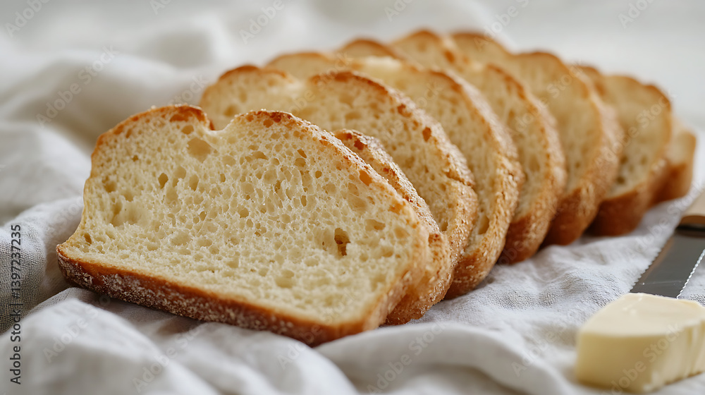 Close-up of sliced sourdough bread with a soft, airy interior and a crunchy crust, presented on a linen cloth with a butter knife nearby. Close-up of sliced sourdough bread with a soft, airy interior and a crunchy crust, presented on a linen cloth with a butter knife nearby.