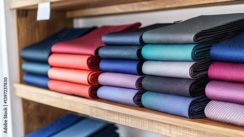 Fototapeta premium Vibrant Textiles Displayed on Wooden Shelves in a Modern Fabric Store