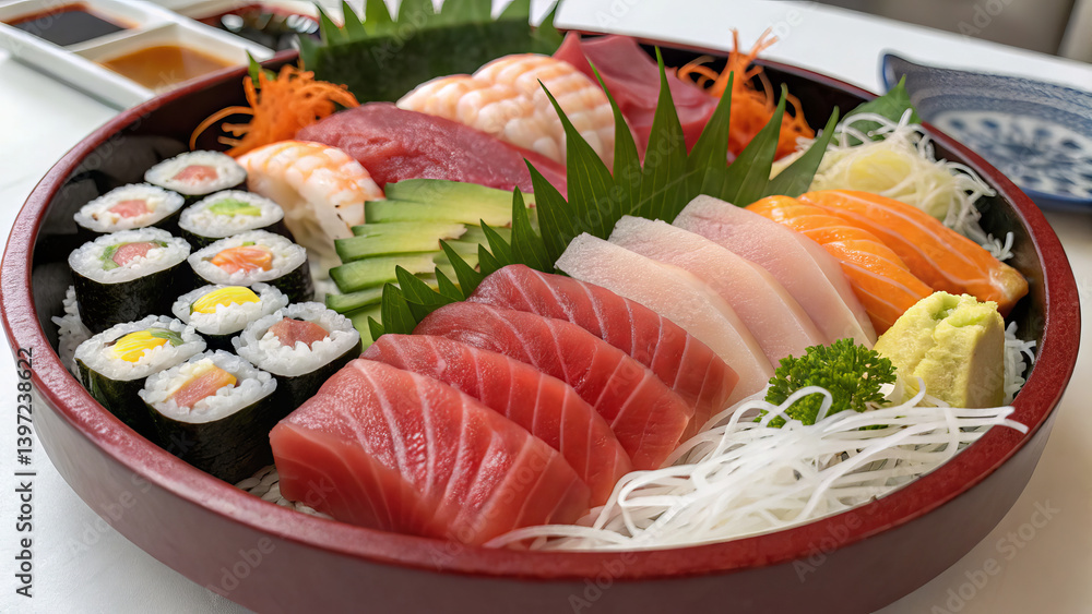 Sushi and Sashimi Moriawase : Finished moriyawase set on a traditional Japanese serving plate - Step 6 of serving sushi Sushi and Sashimi Moriawase : Finished moriyawase set on a traditional Japanese serving plate - Step 6 of serving sushi
