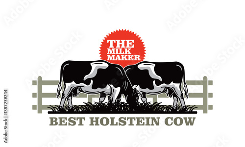 BIG HOLSTEIN COW MILK EATING GRASS LOGO, silhouette of great dairy cattle at farm vector illustrations
