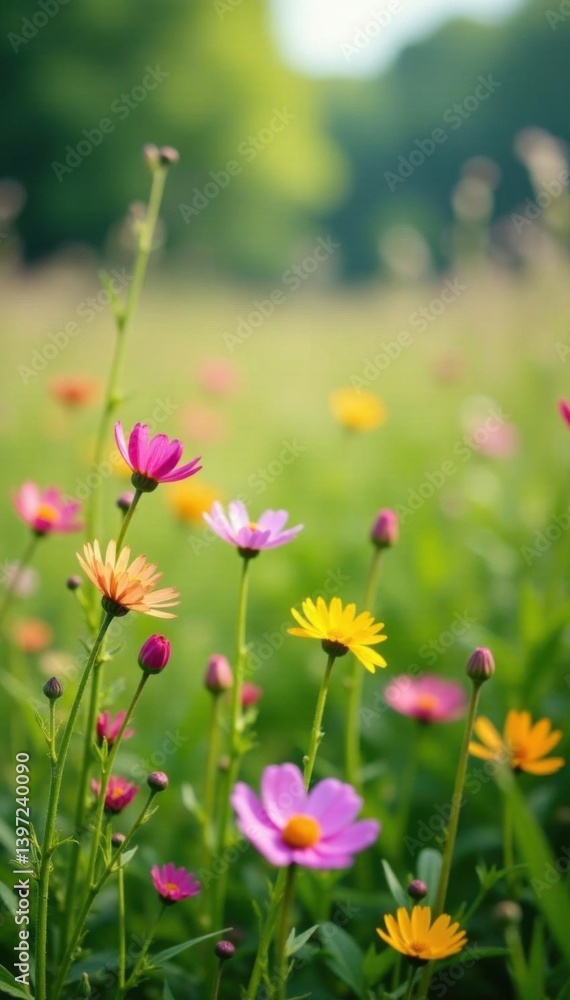Vibrant wildflowers bloom in a lush meadow, swaying gently in the breeze, sunlight, wildflowers, spring Vibrant wildflowers bloom in a lush meadow, swaying gently in the breeze, sunlight, wildflowers, spring