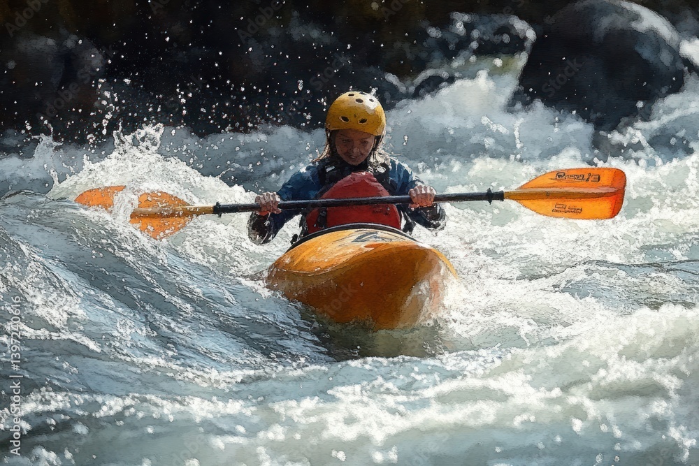 Fototapeta premium Dynamic Kayaking Adventure in White Water Rapids Under Sunlight
