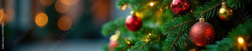 Vibrant evergreen tree adorned with twinkling baubles and soft glowing string lights amidst a blur of festive atmosphere, Sparkly Foliage, Christmas Tree Decoration Vibrant evergreen tree adorned with twinkling baubles and soft glowing string lights amidst a blur of festive atmosphere, Sparkly Foliage, Christmas Tree Decoration
