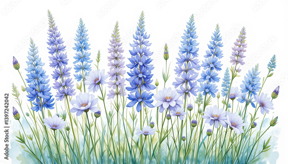 Naklejka premium Watercolor Blue Flowers Background Image Delicate Floral Stems for Elegant Wallpaper