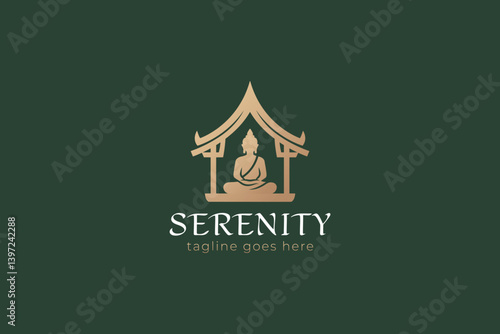 Golden Buddha Statue in Temple Logo Representing Serenity and Spiritual Harmony