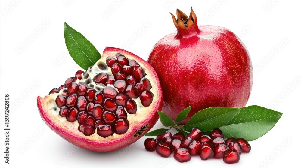 Fresh Pomegranate Fruit with Juicy Seeds and Green Leaves Isolated on White Background Fresh Pomegranate Fruit with Juicy Seeds and Green Leaves Isolated on White Background