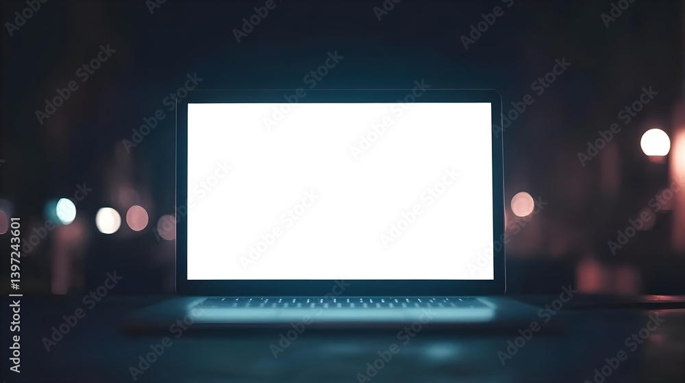 Fototapeta premium Blank White Screen on Laptop Computer in Dim Lighting Environment