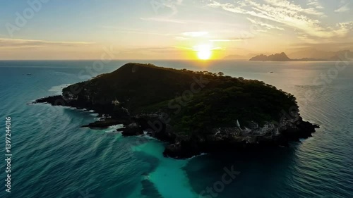 Aerial View of Tropical Island at Sunset
