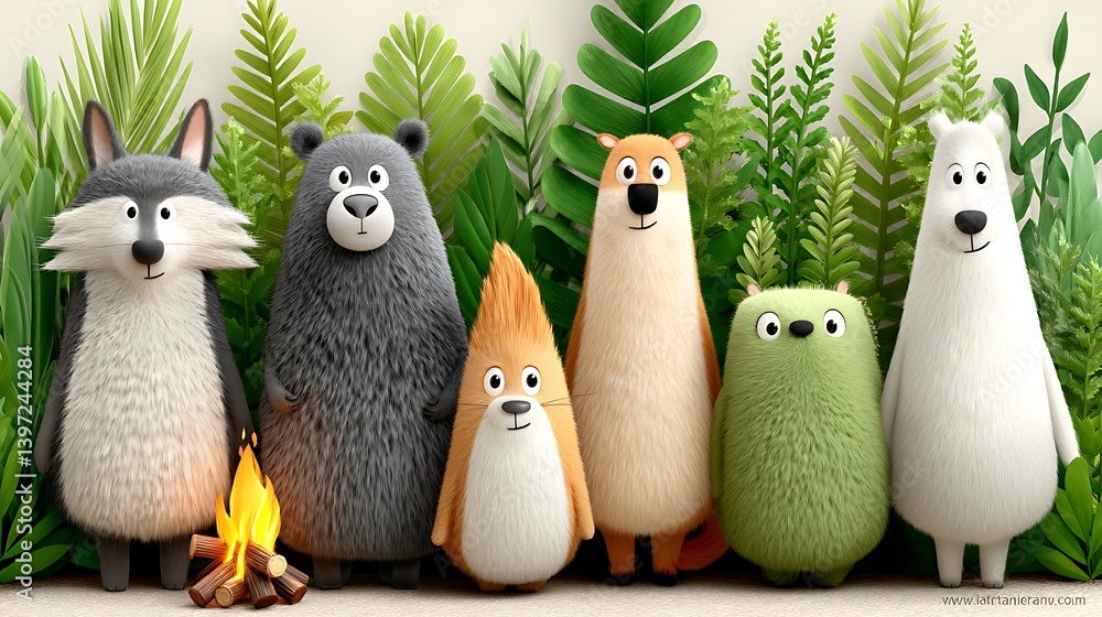 Obraz premium Adorable Cartoon Animals Gathered Around a Campfire in Nature