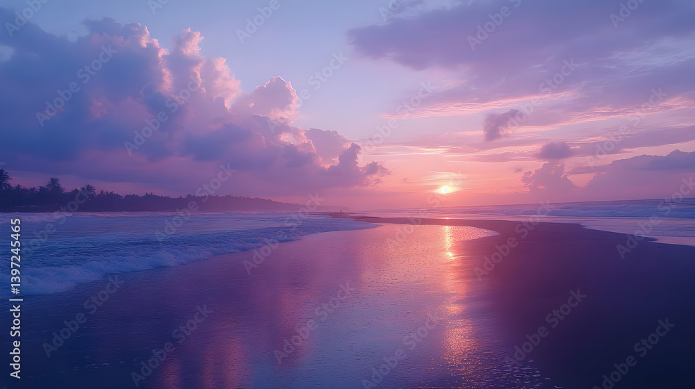 Fototapeta premium Vibrant Pink Purple Sunset Beach Scene