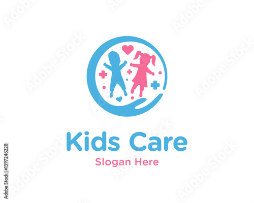 Children Healthcare With Hand Care For Kids Clinic or Hospital Vector Logo Design Illustration