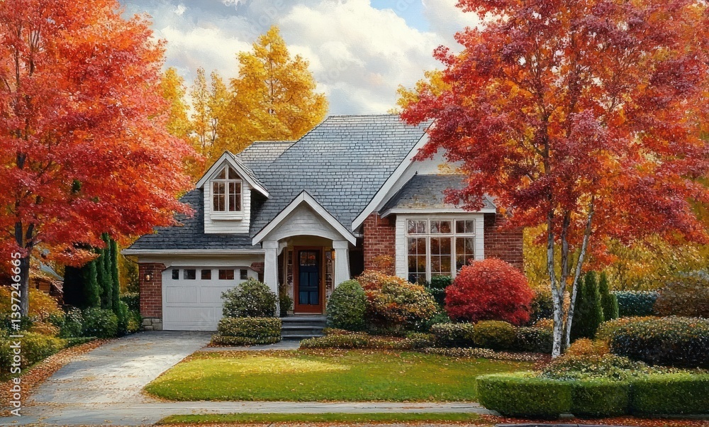 Autumn suburban home under colorful foliage with warm sunlight and tranquil landscape Autumn suburban home under colorful foliage with warm sunlight and tranquil landscape
